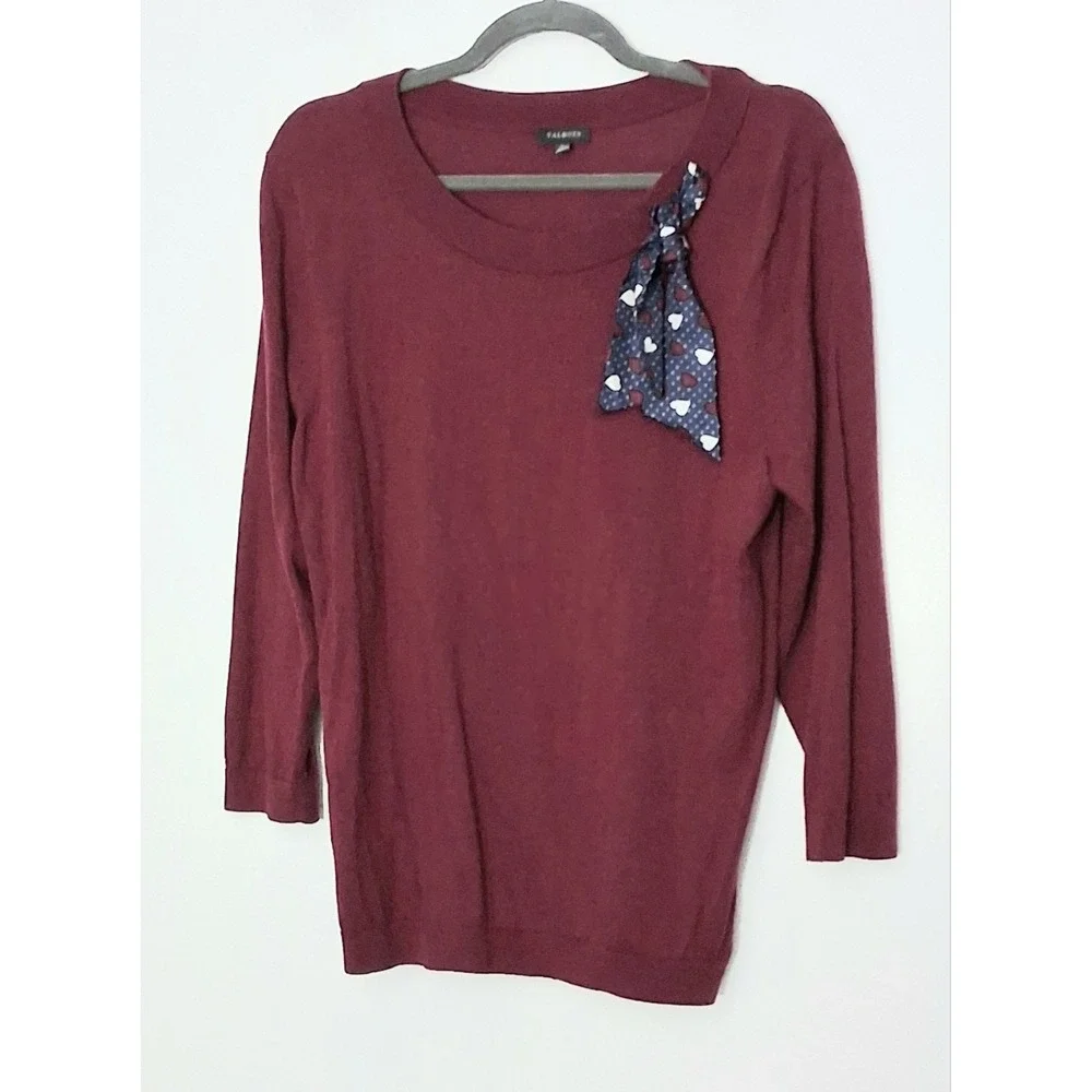 Talbots Sweater Women's Size Large Burgundy Long Sleeve Knit Hearts Ribbon
